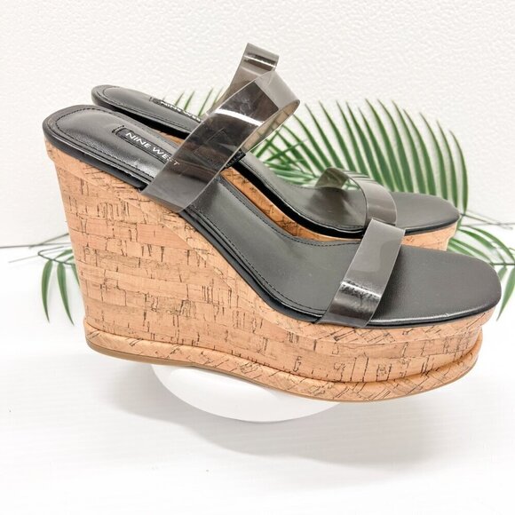 Nine West Rapps Platform Wedge Sandals Size 9.5 Black Tan Square Open Toe - Picture 6 of 13